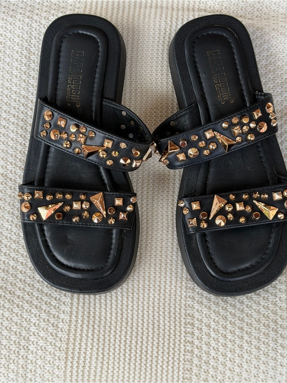 Cape Robbin Embellished Black Slide Sandals with Gold Studs